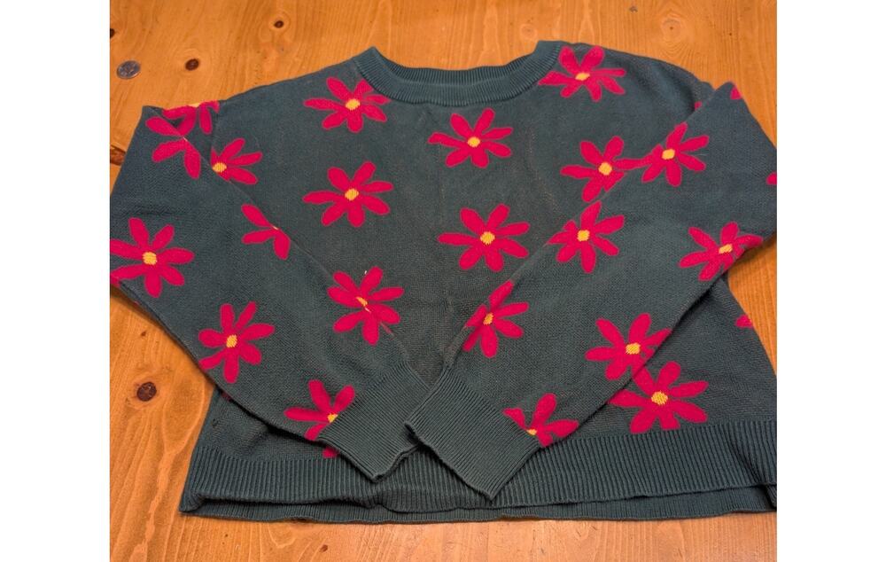 Gap Kids Girl's Sweater, Green with Pink Flowers, EGU/LN, XXL 14/16